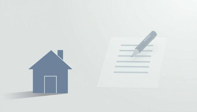 A modern, minimalist illustration depicting the concept of "assurance emprunteur" (mortgage insurance). In the foreground, a clean, geometric design showcases a house icon, symbolizing the insured property. The middle ground features a subtle, soft-focus contract document with a pen, representing the legal agreement. The background has a calming, gradient color palette, conveying a sense of security and reliability. The overall composition uses muted, neutral tones with strategic pops of color to create a professional, trustworthy aesthetic suitable for the financial services industry.