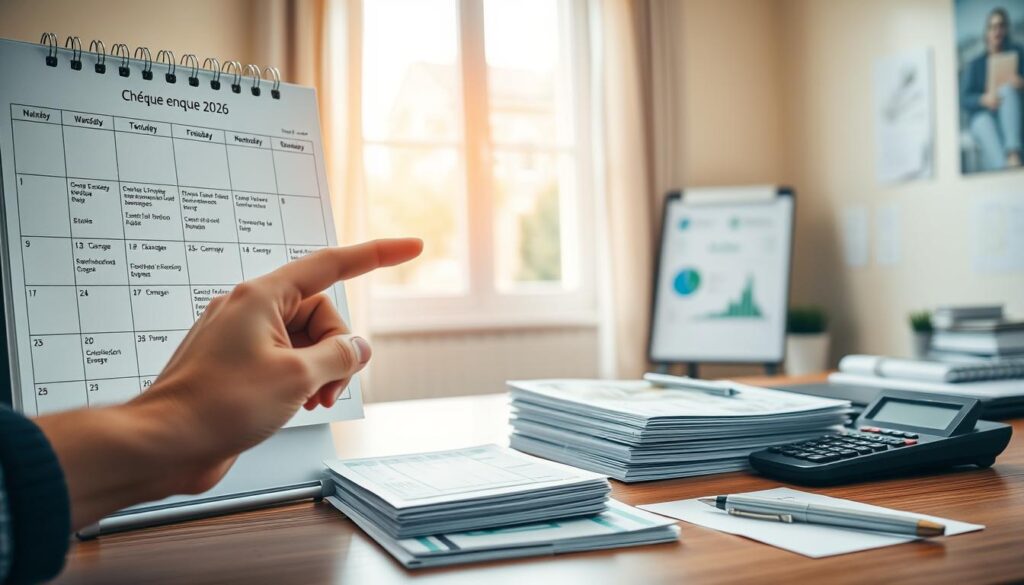 A well-organized workspace featuring a detailed calendar marked with important dates related to the "Chèque énergie 2026". In the foreground, a hand is gently pointing to a specific date, emphasizing its significance. The desk is adorned with a neatly arranged pile of energy checks, along with a calculator and a pen to illustrate the financial aspect. In the middle background, a soft-focus window allows natural light to spill into the room, creating a warm and inviting atmosphere. The walls are painted in calming pastel colors, reflecting professionalism. The overall mood is informative and encouraging, suitable for a financial article.