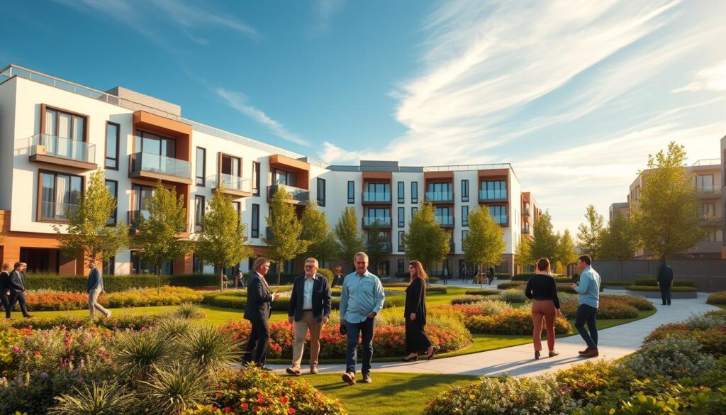 A modern and inviting residential complex representing "Vilogia Lille Weppes," set in a vibrant urban setting. In the foreground, showcase a beautifully landscaped garden with people casually interacting, dressed in professional business attire or modest casual clothing. In the middle ground, feature contemporary apartment buildings with large windows and balconies, emphasizing quality and accessibility. The background should include a clear blue sky and soft, wispy clouds, suggesting a serene atmosphere. Utilize warm, natural lighting to create an inviting feel. The angle should be slightly elevated to capture the essence of the community while highlighting the architecture of the housing complex. Overall, aim for a friendly, welcoming ambiance that reflects the concept of quality social housing in France.