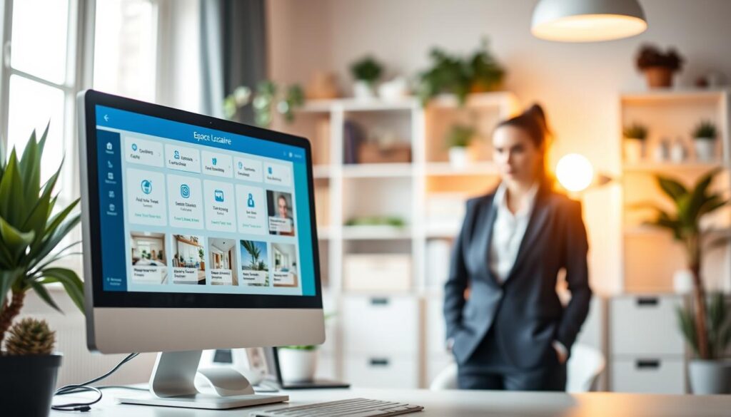 A modern workspace scene illustrating the concept of "Espace Locataire Vilogia." In the foreground, a computer screen displaying the Vilogia digital interface, showing various options for account management and online rental services. Beside the computer, a professional individual in smart business attire, focused on their tasks. In the middle ground, a blurred view of a cozy home office with plants and organized shelves, creating a welcoming atmosphere. The background features a soft glow from a window, hinting at a sunny day outside, adding warmth to the scene. The lighting is bright and inviting, with a focus on the computer screen, evoking a sense of ease and accessibility. The overall mood conveys professionalism and the convenience of managing housing online.