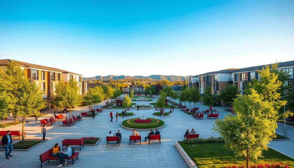 A picturesque view of Montigny-le-Bretonneux, a charming commune in the Yvelines, showcasing its modern architecture and scenic parks. In the foreground, a well-maintained public square lined with flowering trees and vibrant benches, where locals are engaged in leisurely activities, dressed in smart casual attire. The middle ground features contemporary residential buildings with large windows reflecting the sunlight, interspersed with community spaces that invite gatherings. In the background, the silhouette of nearby hills under a clear blue sky. The lighting is warm and inviting, suggesting a late afternoon ambiance. Capture this scene with a wide-angle lens for a dynamic perspective, emphasizing both the community spirit and the natural beauty that defines Montigny-le-Bretonneux.