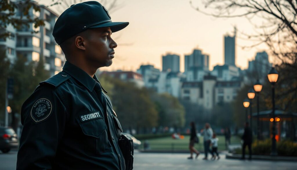 A serene urban scene depicting the concept of security in Aubervilliers. In the foreground, a professional security officer stands watch, dressed in a smart uniform, exuding vigilance and authority. The middle ground features a tranquil city park with families enjoying leisurely activities, representing community and harmony. In the background, city buildings loom, partially obscured by soft, warm evening light creating a welcoming atmosphere. Subtle shadows enhance the feeling of safety as streetlights begin to glow. The image is captured from a slightly elevated angle, emphasizing both the officer and the peaceful surroundings, to evoke a sense of security amidst urban life. The overall mood is one of calm reassurance, inviting the viewer to reflect on the balance between perception and reality in urban safety.