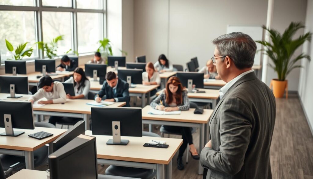 A tranquil examination center, showcasing a modern classroom setup with rows of neatly arranged desks equipped with computers and stationery. In the foreground, a professional instructor, dressed in business attire, is observing students as they take their tests, ensuring a focused atmosphere. The middle layer features students of diverse backgrounds, fully engaged in their exams, with expressions of concentration. The background displays large windows allowing soft natural light to illuminate the room, enhancing a calm and serious ambiance. The color palette is neutral with hints of green from indoor plants, promoting a sense of tranquility. Capture this scene with a slightly angled perspective to emphasize the organized layout and the dedicated atmosphere of this educational environment.