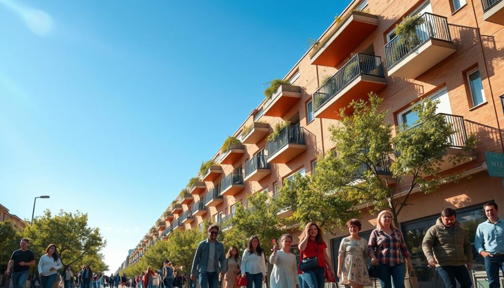 A vibrant urban landscape showcasing social housing in France. In the foreground, a diverse group of families of various ages are engaging with their surroundings, dressed in modest, casual clothing. The middle ground features modern, multi-story residential buildings with balconies adorned with greenery, emphasizing community living. In the background, a clear blue sky contrasts with the warm tones of the buildings, and sun rays filter through the trees lining the street. The scene captures a sense of harmony and inclusiveness, reflecting the importance of social housing. The lighting is soft and inviting, creating an atmosphere of hope and opportunity, ideal for illustrating the theme of accessible living spaces.