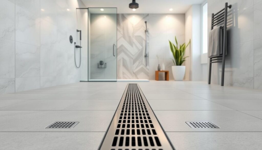 A detailed and realistic depiction of a modern shower channel (caniveau douche) installed in a sleek, minimalist bathroom setting. In the foreground, emphasize the shower channel made of stainless steel, seamlessly integrated into the tiled floor, accompanied by elegant drainage grates. The middle ground features a stylish, open shower area, adorned with large format tiles and a glass partition. Soft, diffused lighting enhances the cleanliness and contemporary feel of the space. In the background, include subtle elements like a towel rack and decorative plants to add warmth. The angle should showcase the length of the shower channel, highlighting its functionality and design, while maintaining a tranquil and inviting atmosphere, suitable for a practical guide on installation requirements.