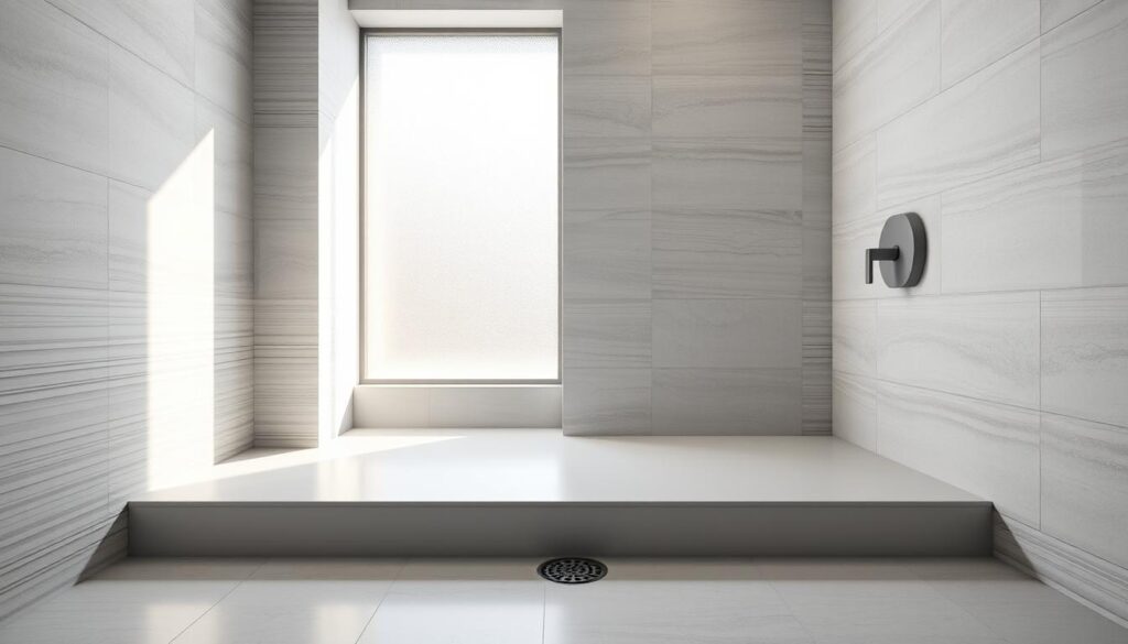 A modern, elegant bathroom showcasing a beautifully designed Italian shower. In the foreground, emphasize a sleek, rectangular shower tray with precise dimensions, featuring a minimalist drain. The middle ground displays textured wall tiles with an ideal size, showcasing a harmonious blend of light gray and white colors that enhance the spaciousness of the room. In the background, a soft, diffused natural light filters through a frosted window, casting gentle shadows and creating a serene, calming atmosphere. The overall mood is one of tranquility and sophistication, ideal for a luxury bathroom setting. The angle captures the shower area in a way that highlights the interplay of space and design, without any text or branding.