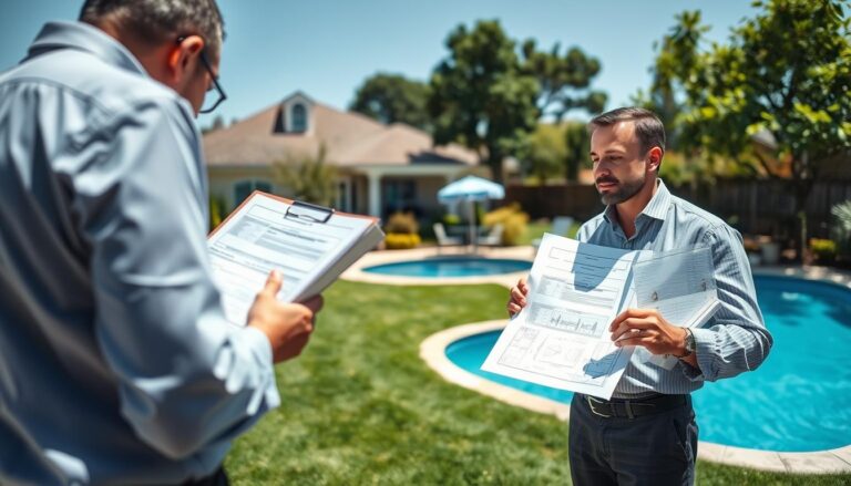 A professional urban planner reviewing a residential backyard with an unregistered swimming pool. In the foreground, the planner, dressed in smart casual attire, examines blueprints and local regulations on a clipboard. The middle area showcases a semi-inground pool surrounded by green grass and some patio furniture. The background features a suburban home with well-maintained landscaping, trees, and a clear blue sky. The lighting is bright and natural, casting soft shadows across the scene. The atmosphere is one of diligence and consideration, capturing the essence of verifying compliance with urban planning regulations regarding swimming pools. The angle is a slightly elevated view, enabling a comprehensive look at the pool and surrounding area.