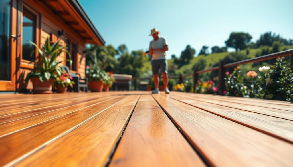 A well-crafted wooden terrace under a bright blue sky, showcasing rich, warm tones of natural wood. In the foreground, a close-up of the terrace's detailed grain structure, with a slight sheen that suggests recent maintenance. In the middle ground, a person wearing modest casual clothing is applying a protective saturateur to enhance the wood's beauty, using a brush methodically. Surrounding the terrace, lush green plants and colorful flowers create a vibrant atmosphere. In the background, a serene landscape featuring a gentle slope with trees provides depth, while softly diffused sunlight casts gentle shadows, enhancing the inviting and tranquil mood of the scene. The image should focus on the careful process of maintaining the wooden terrace, emphasizing craftsmanship and care.