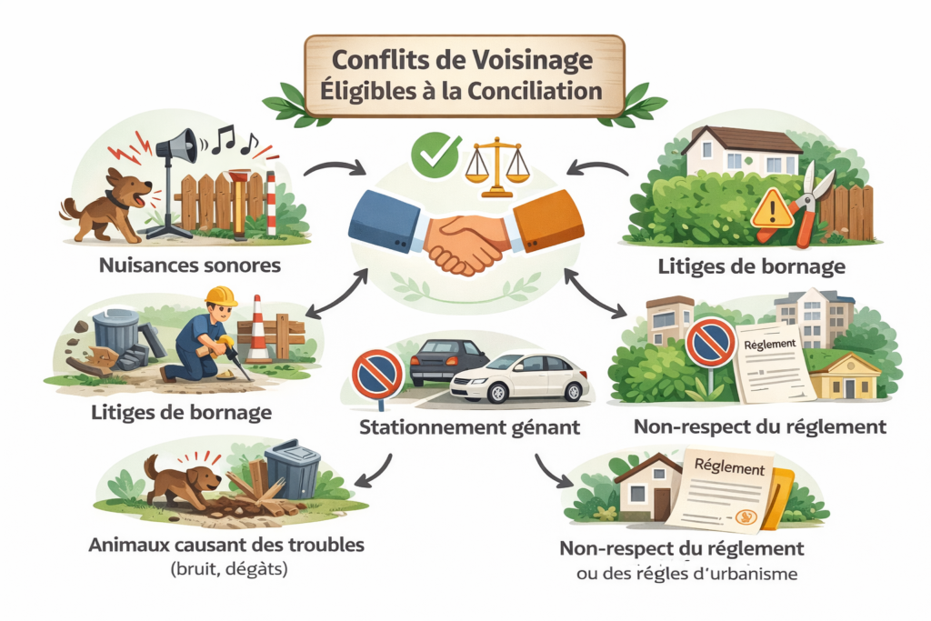 Types de conflits de voisinage éligibles à la conciliation